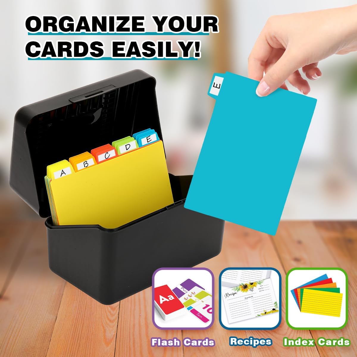 H4D Index Card Holder 4x6 Inches with 25 Plastic Dividers Black