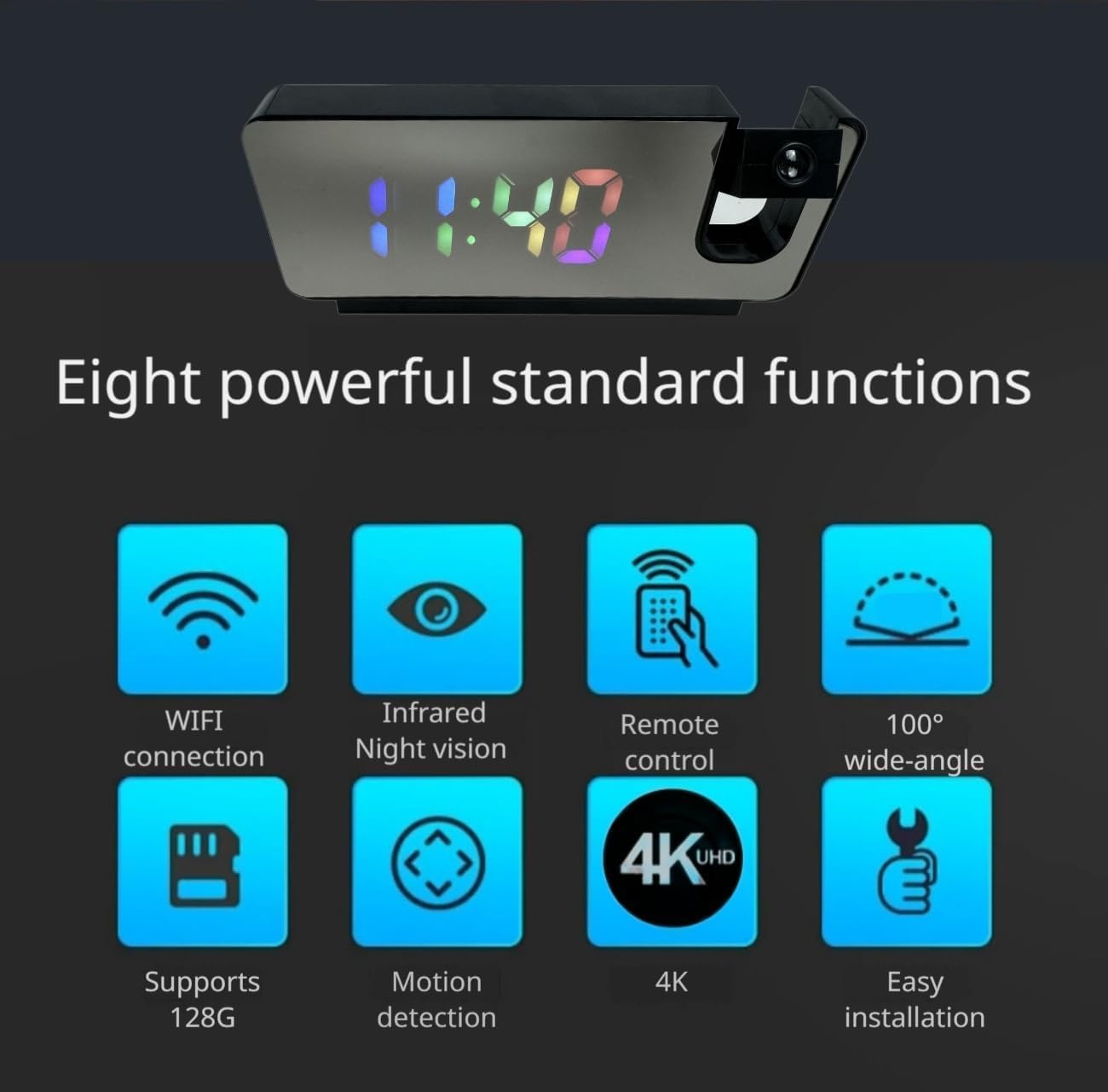 HD 4K Hidden Clock Camera with Color Projection