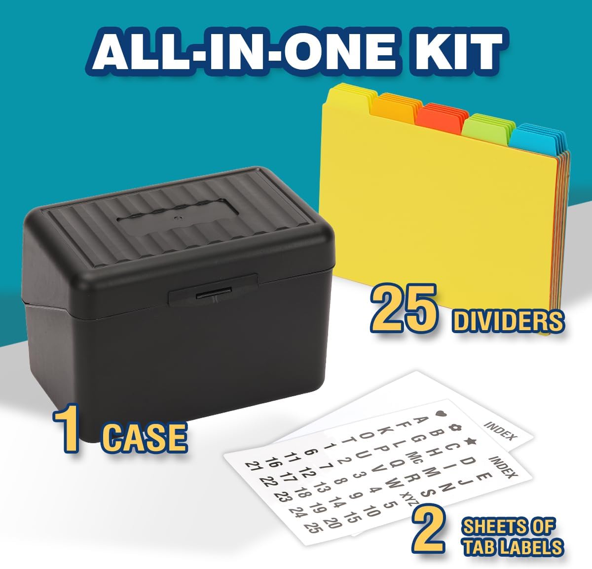 H4D Index Card Holder 4x6 Inches with 25 Plastic Dividers Black
