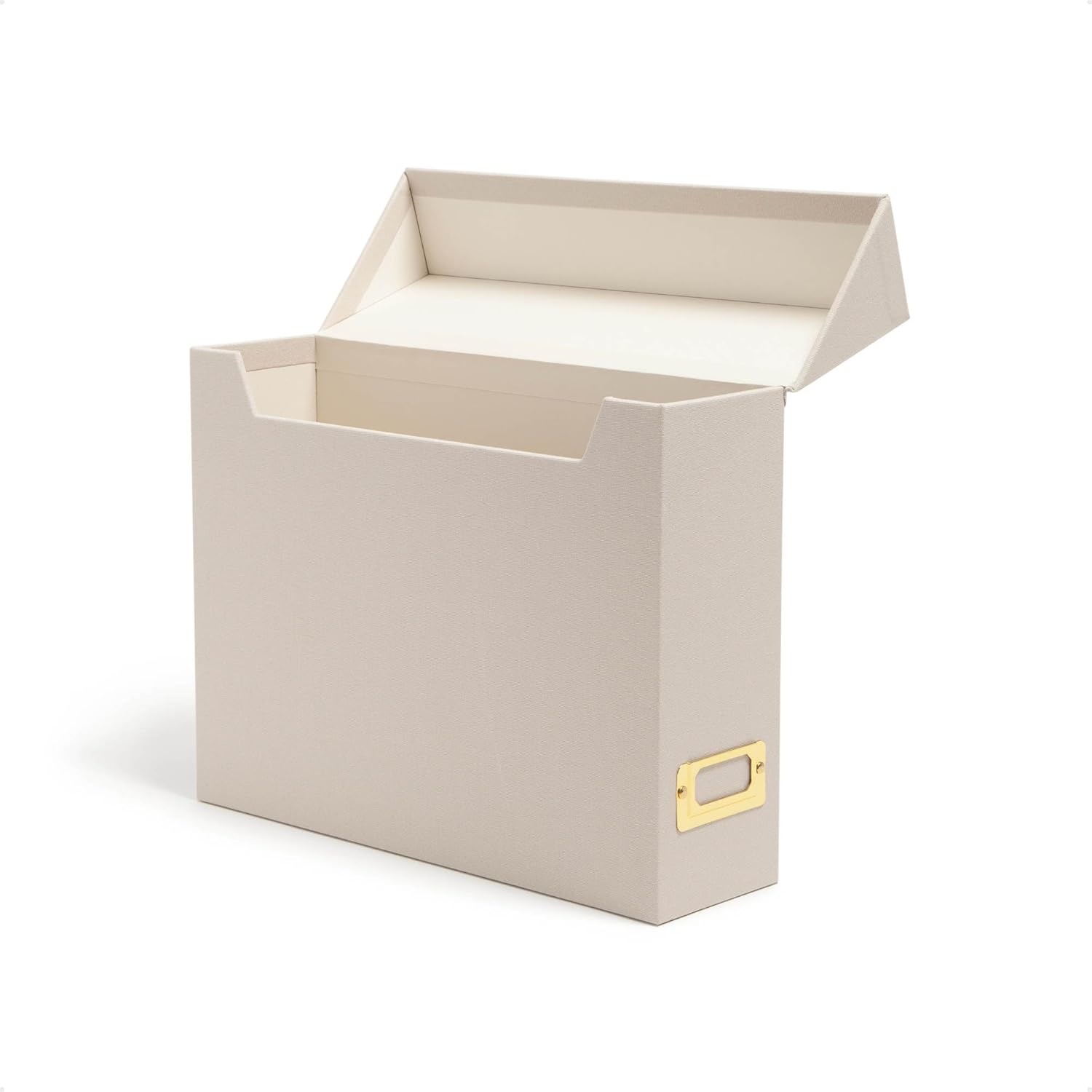 SMEAD Flip Top File Box 10x37x13 Beige Linen Gold Nameplate