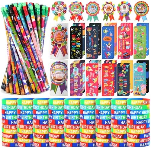 500 Piece Happy Birthday Gift Set with Pencils Bracelets Bookmarks and Stickers