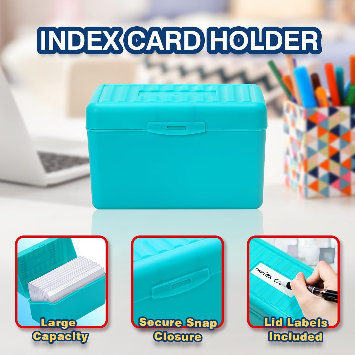 H4D 3x5 Index Card Holder with 100 Cards and 25 Dividers Teal