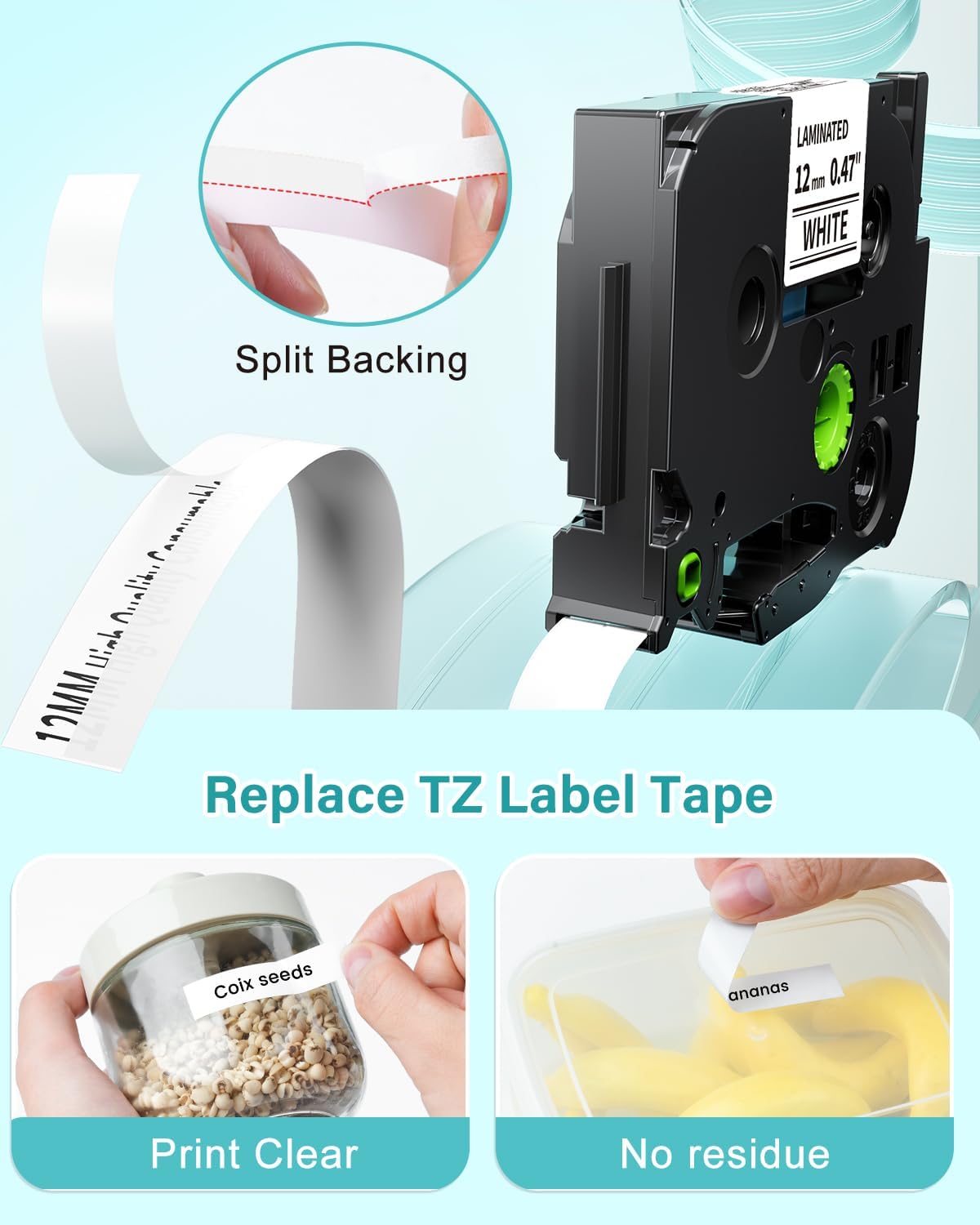 12mm Laminated White Label Tape 6-Pack for Brother P-Touch