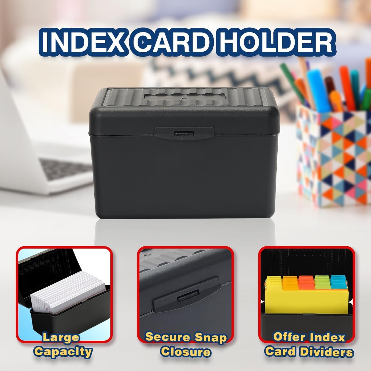 H4D Index Card Holder 4x6 Inches with 25 Plastic Dividers Black