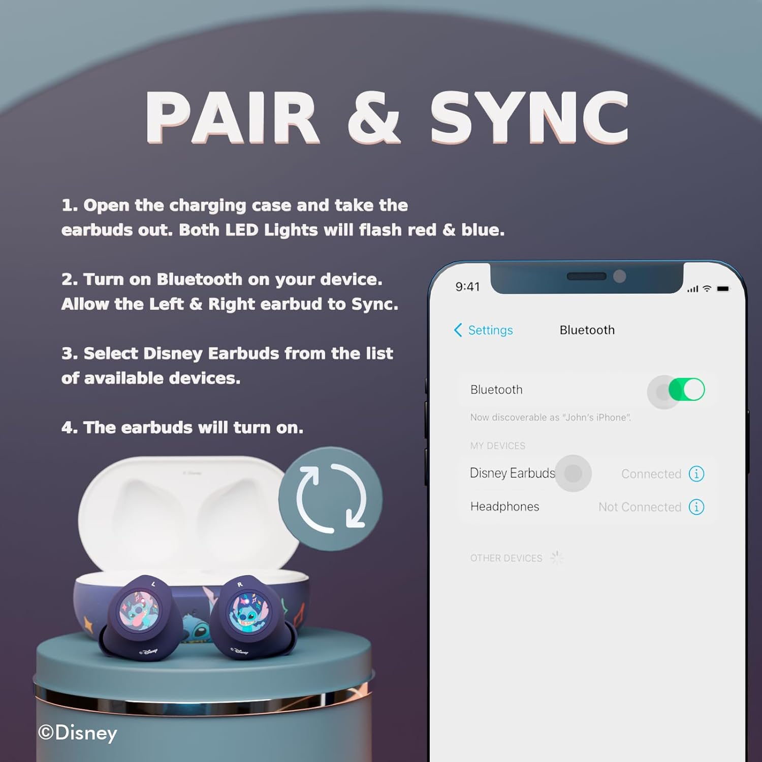Disney Lilo and Stitch Bluetooth Earbuds with 30 Hours Playtime