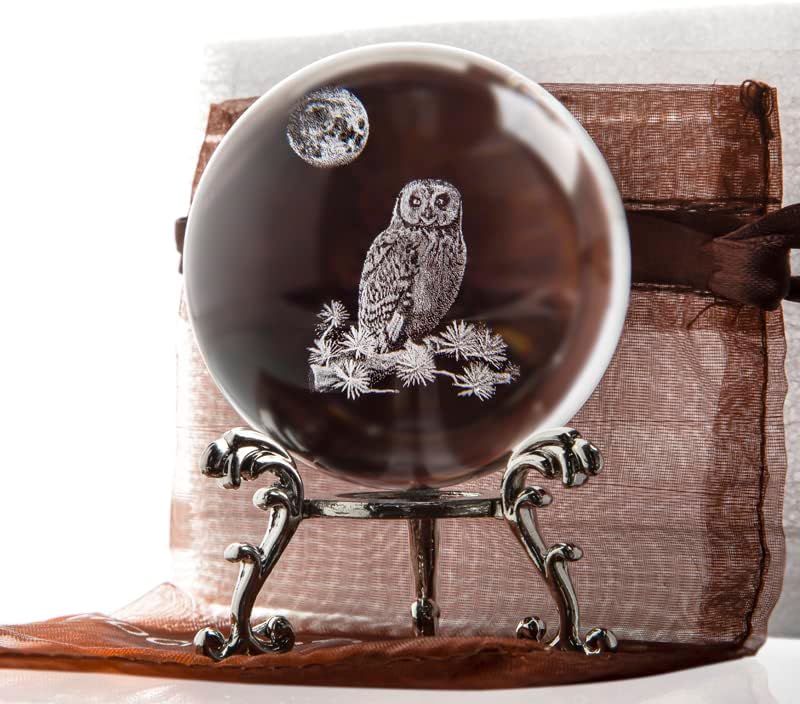 HDCRYSTALGIFTS 60mm 3D Laser Owl Crystal Ball Paperweight with Stand