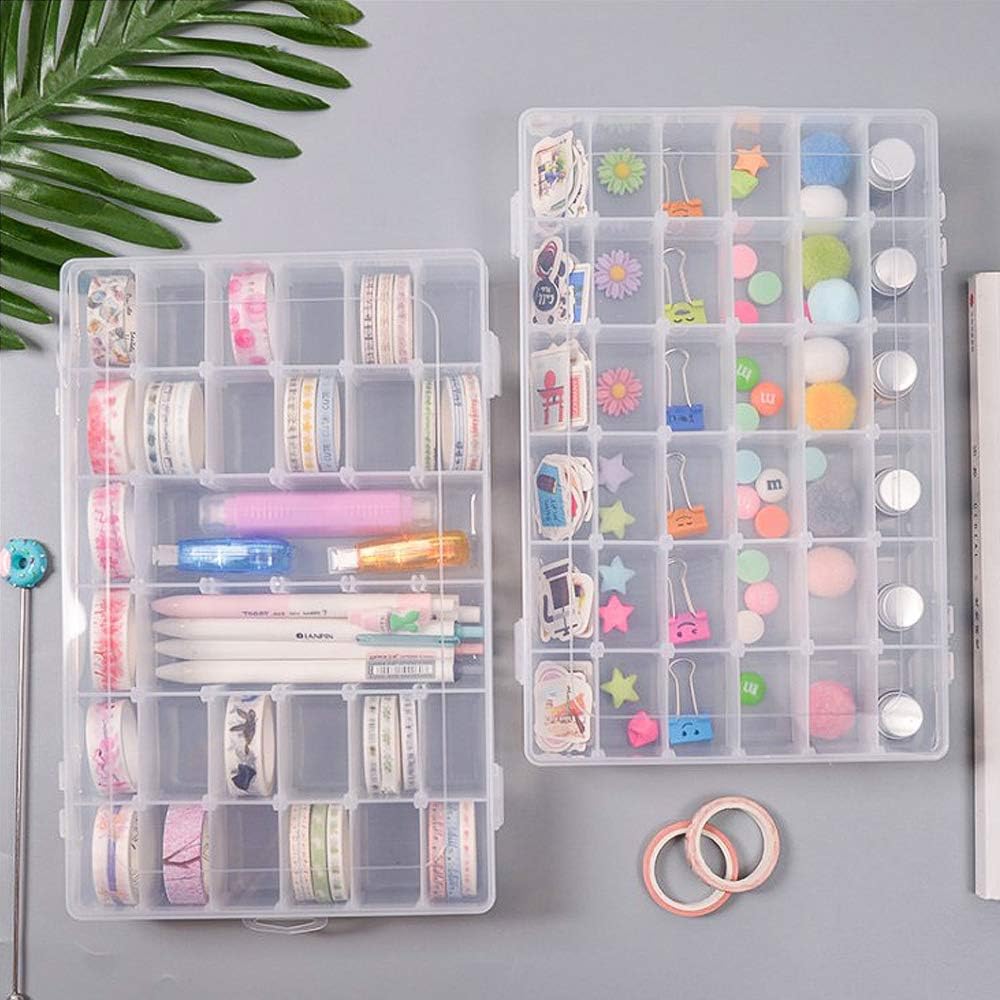 OUTUXED 2 Pack Clear Plastic Bead Organizer Box with Adjustable Dividers
