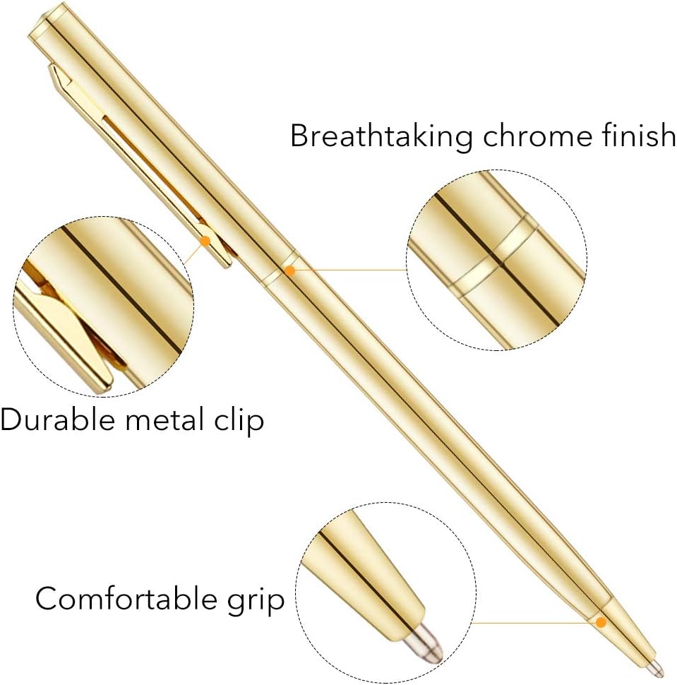 Unibene 6 Pack Gold Slim Ballpoint Pens Black Ink Medium Point