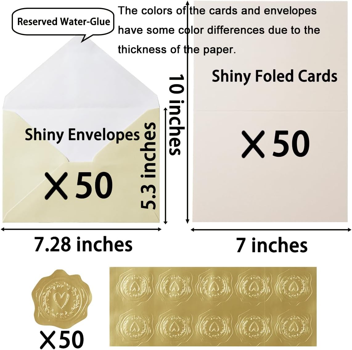 Homtable 50 Pack Shiny Envelopes with Cards and Gold Stickers for Invitations