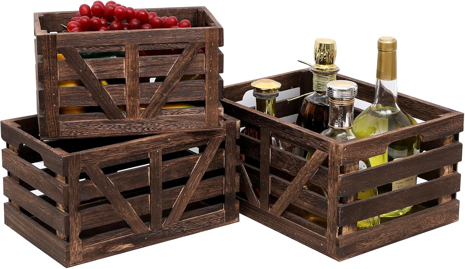 Set of 3 Nested Wooden Storage Crates with Handles