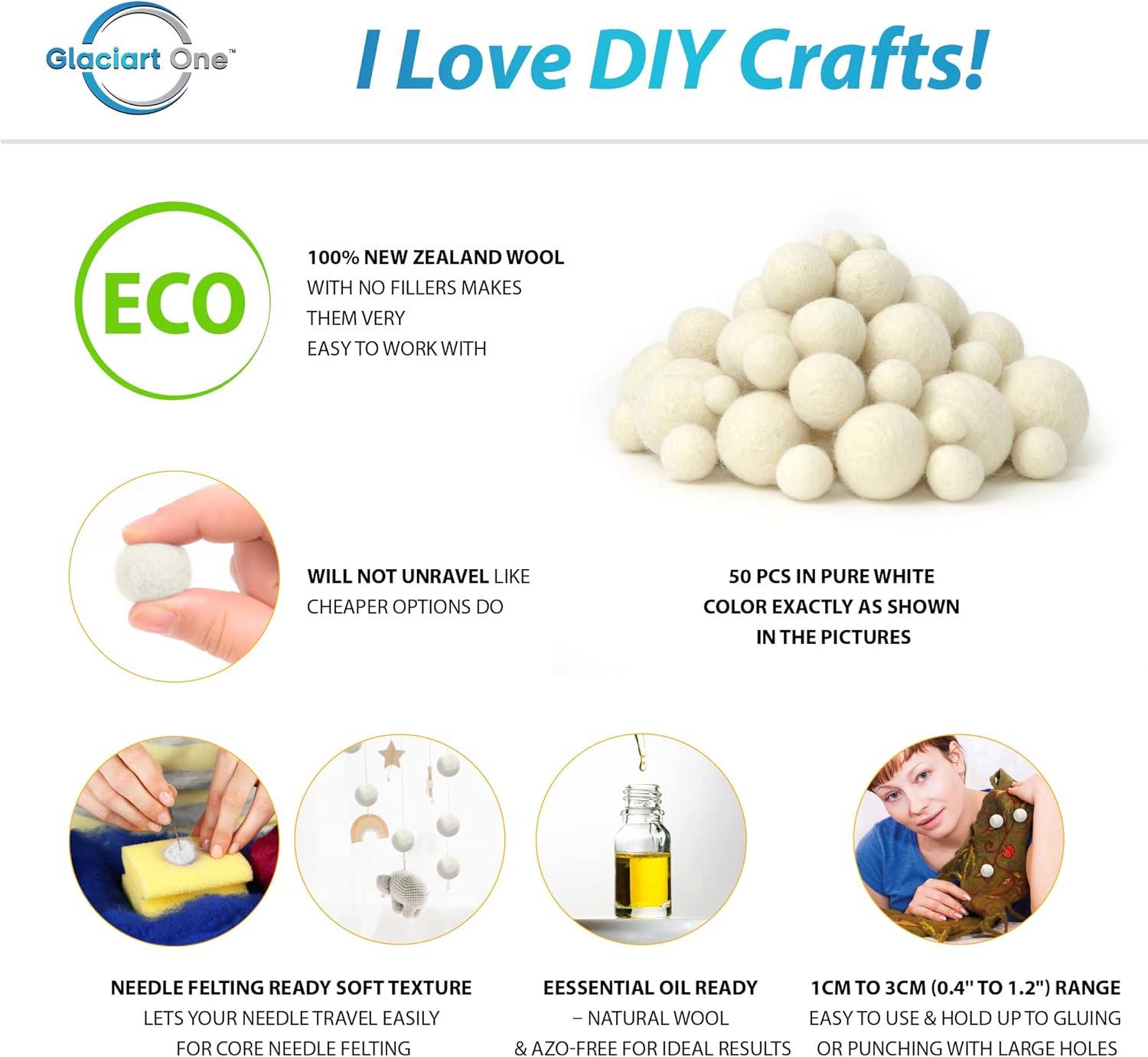Glaciart One Wool Felt Balls 50 Pieces Mixed Sizes