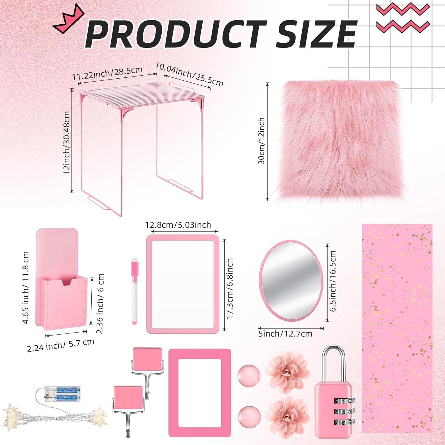 Pink Locker Accessories Set with Magnetic Mirror and Whiteboard