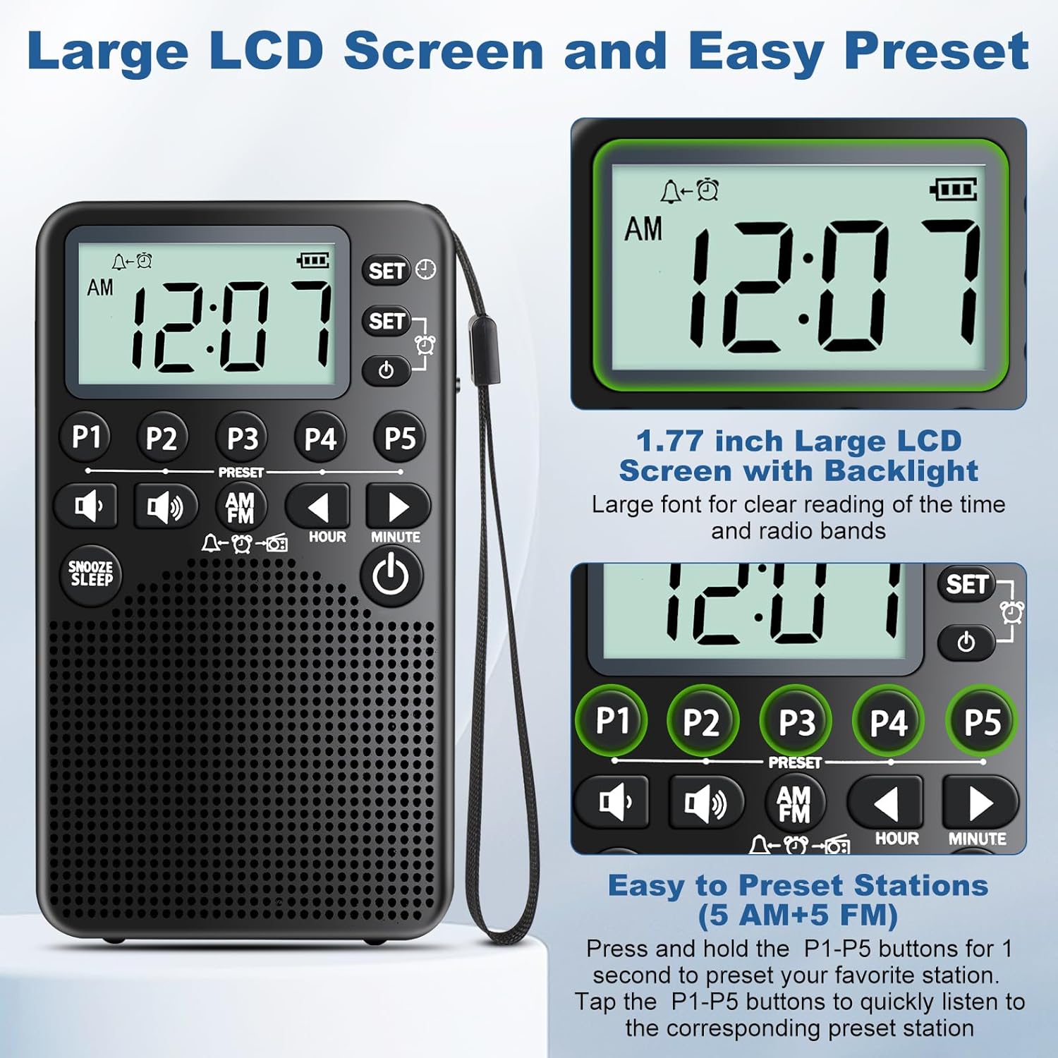 RunningByte Portable AM FM Radio with LCD Screen and Alarm Clock