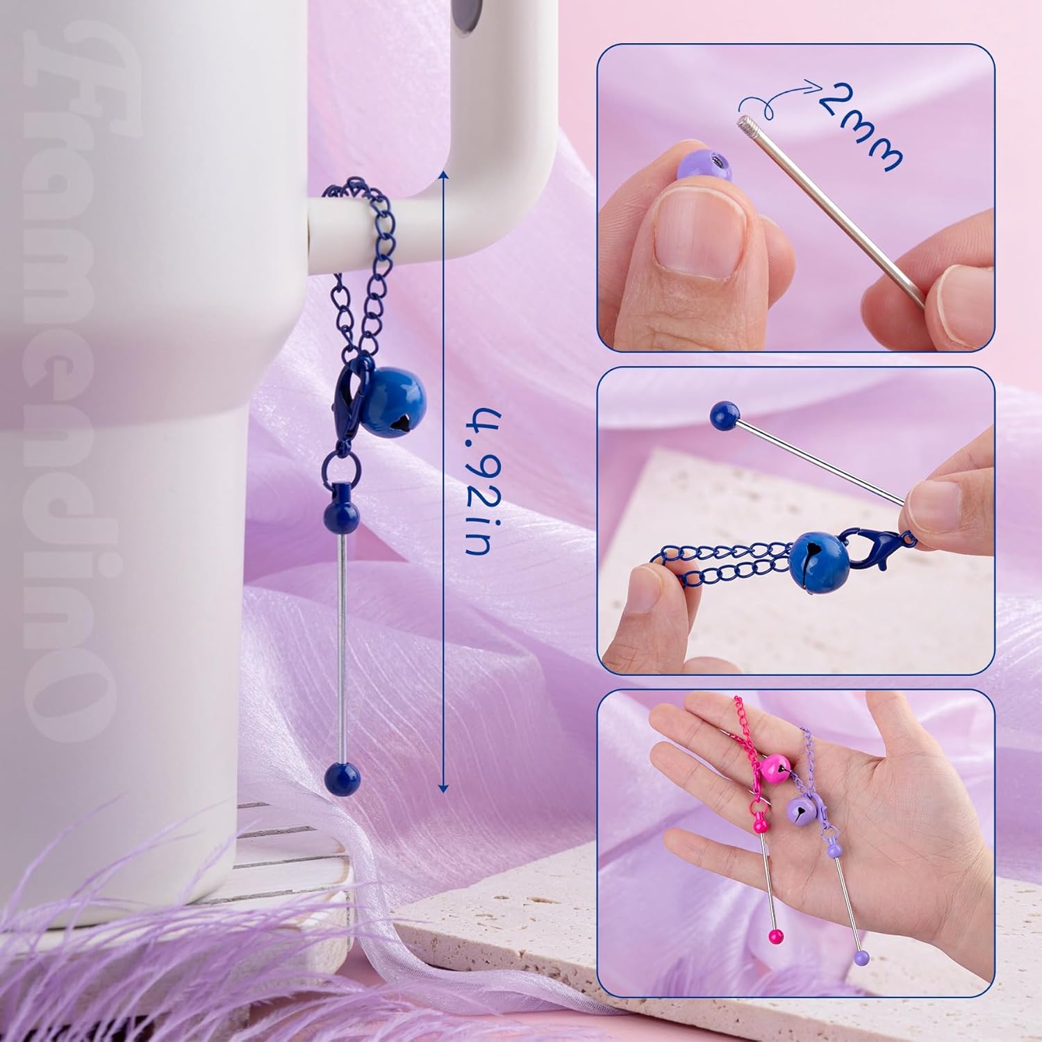 Framendino Beaded Cup Charms Bar Chain with Bell for DIY