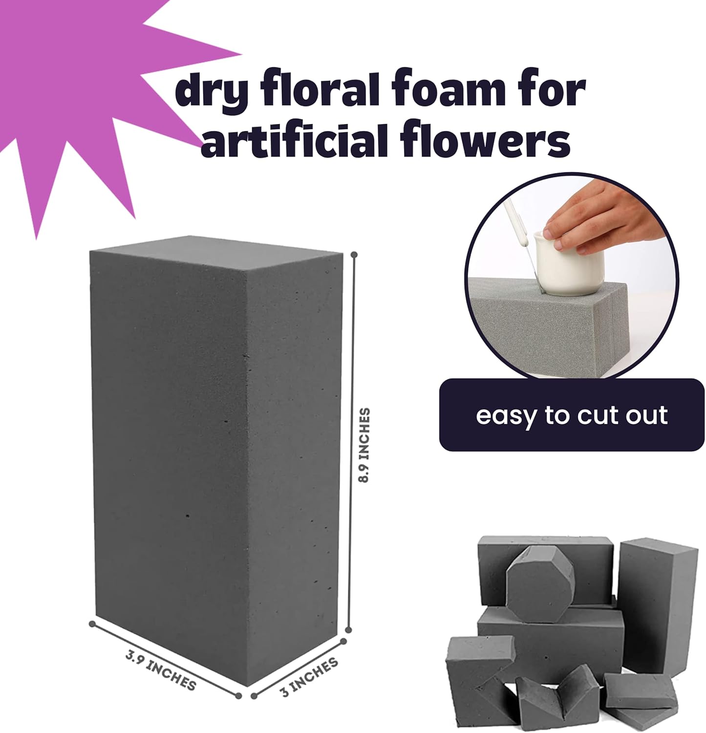 FUNSTITUTION Dry Floral Foam Blocks 4 Bricks Grey