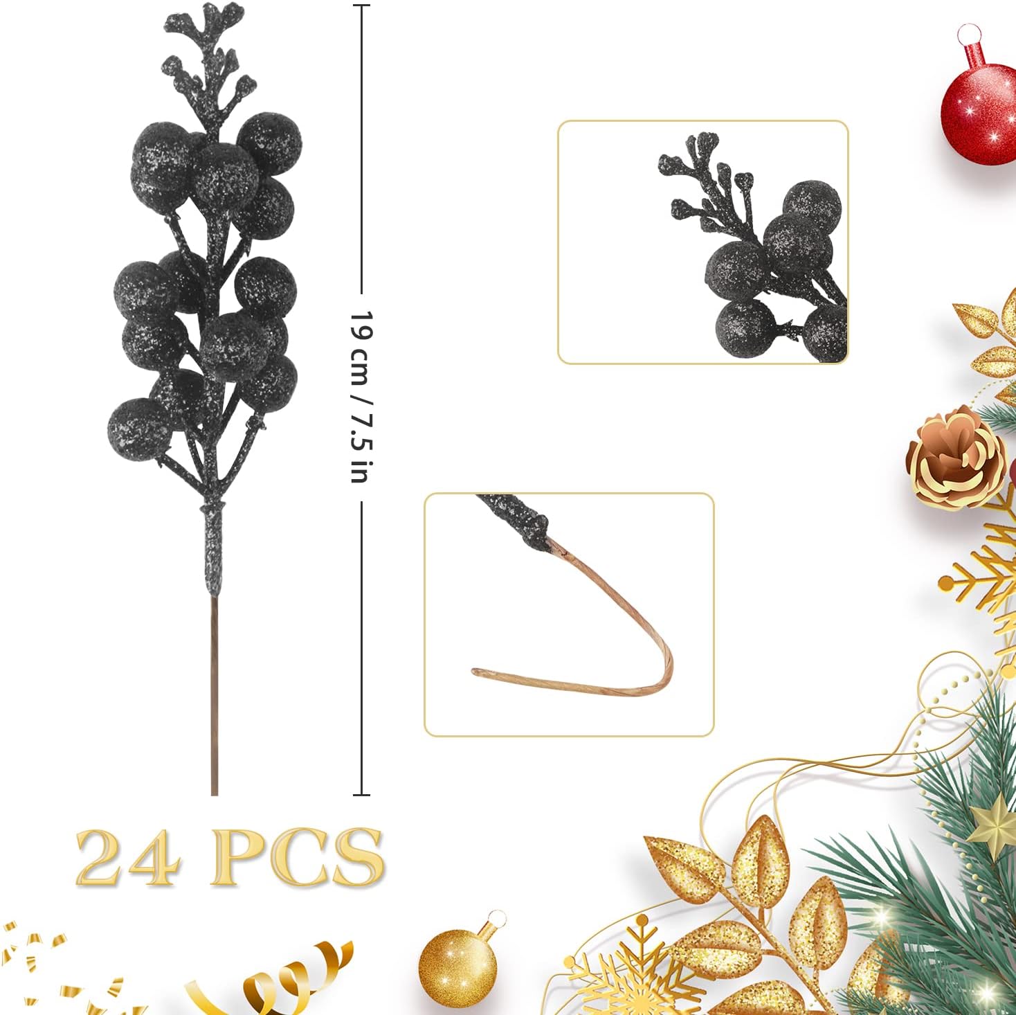 24 Pack Glitter Black Berry Stems for Christmas Decor