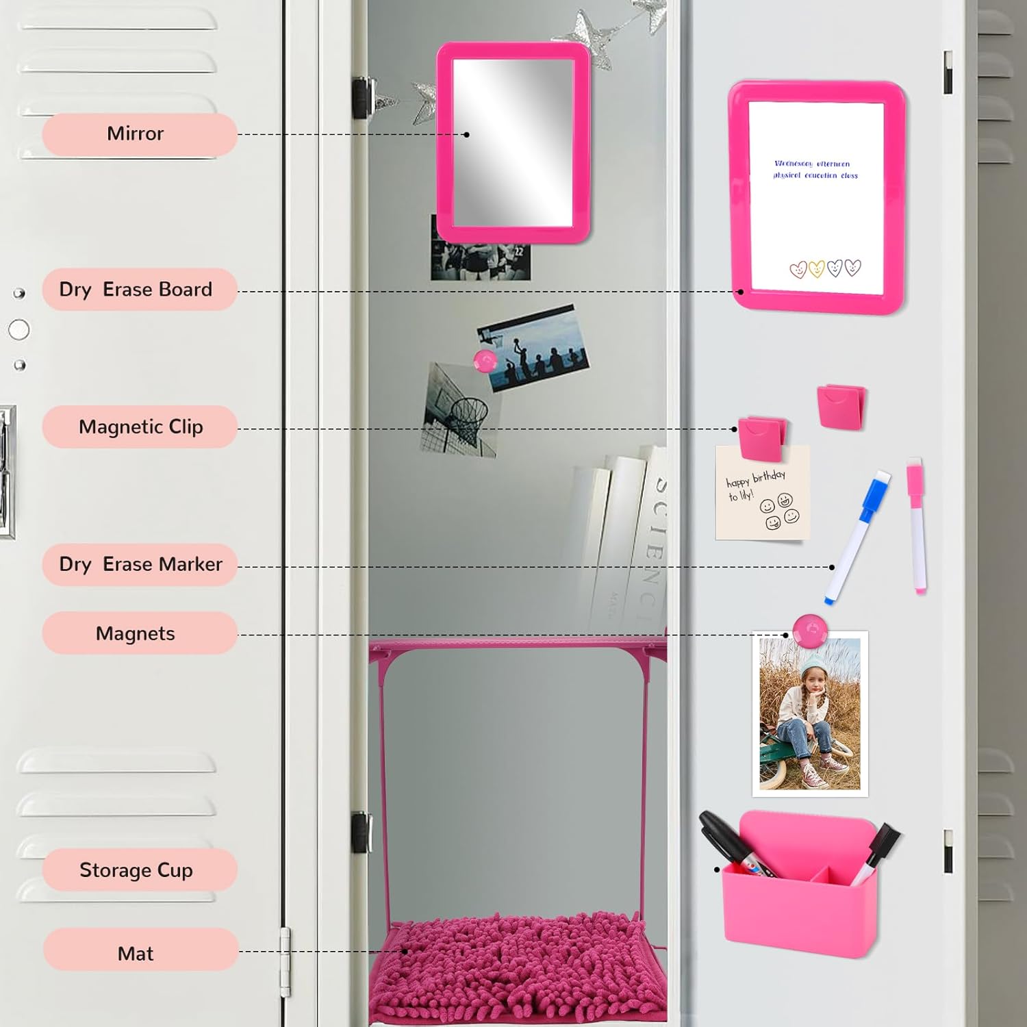 15 Pcs Pink Locker Organizer Kit for Girls Back to School Essentials