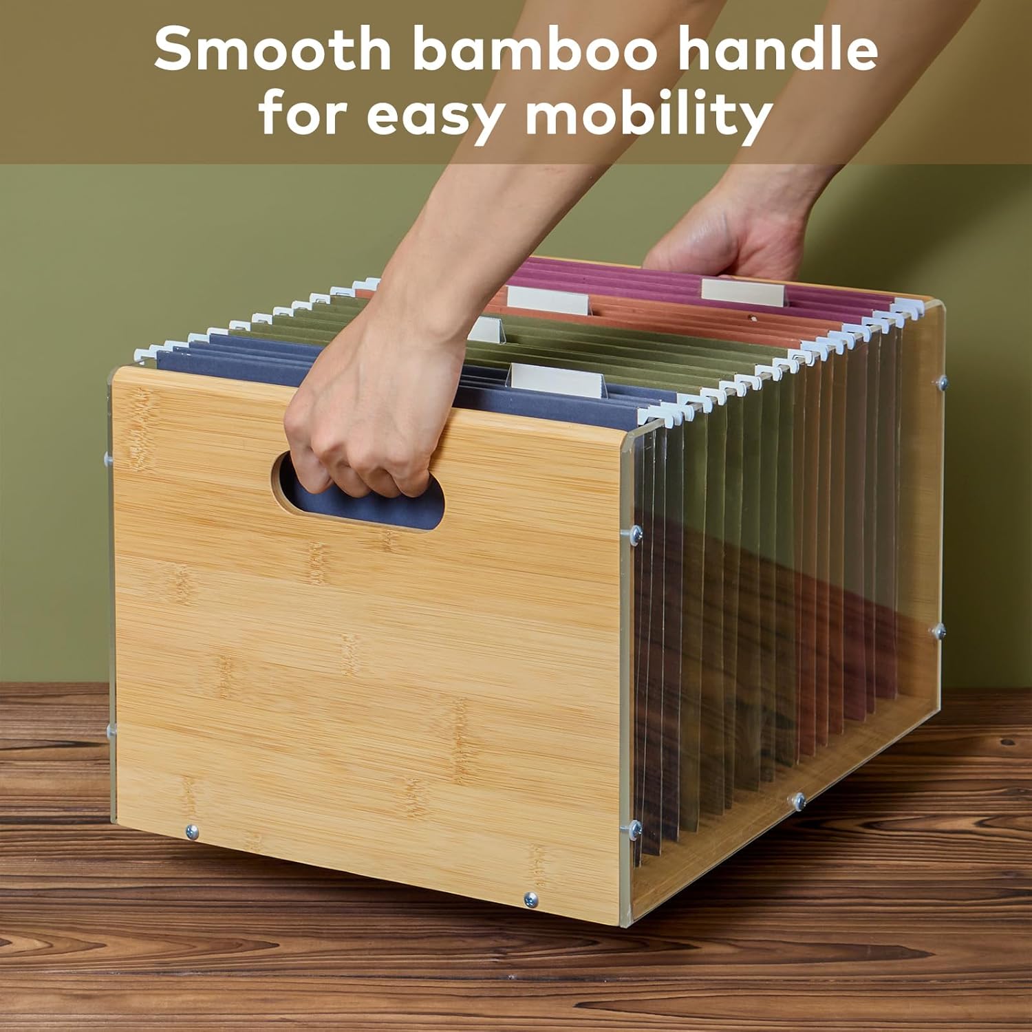 Bamboo Acrylic File Box Organizer with Handle