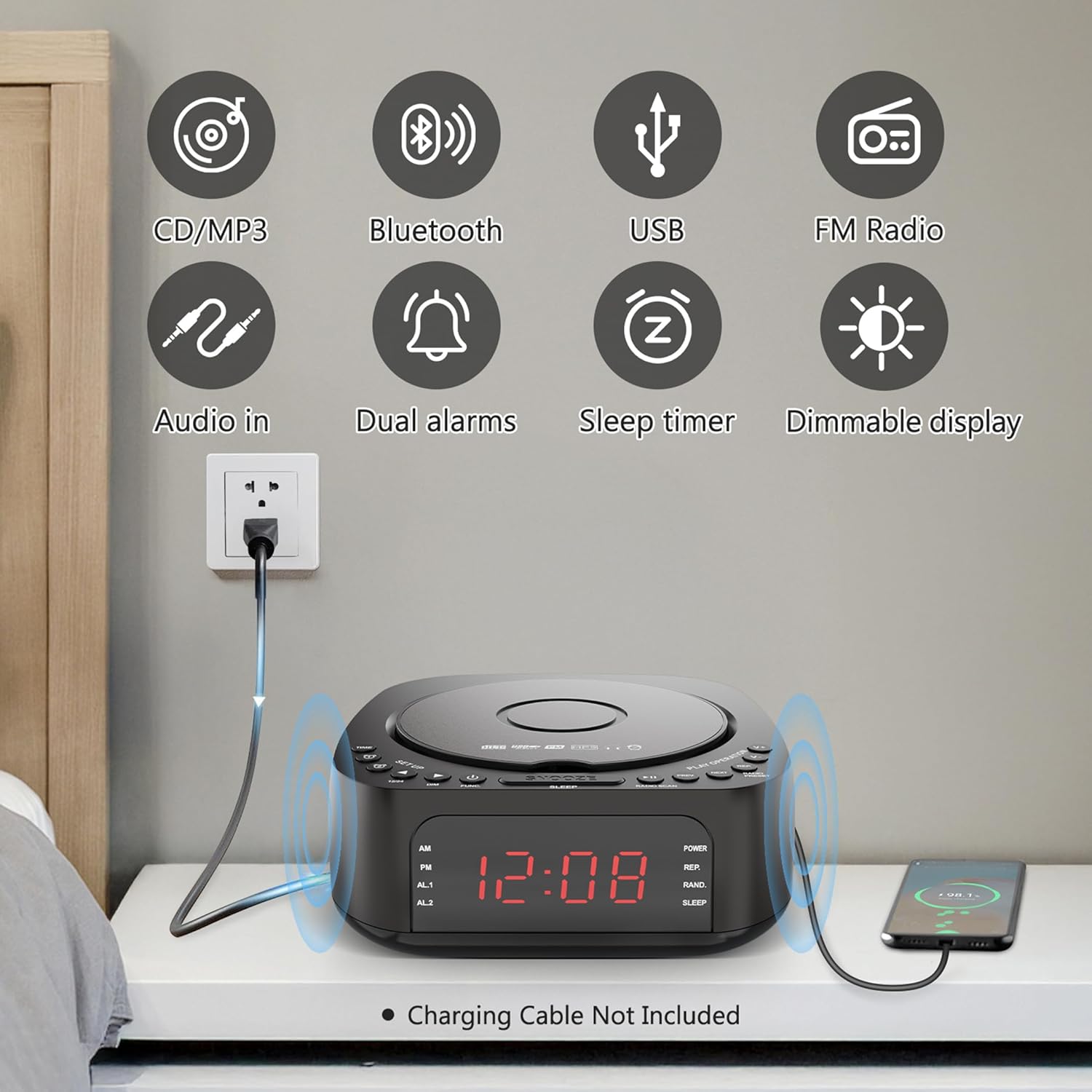CD Player Alarm Clock with Remote and Bluetooth