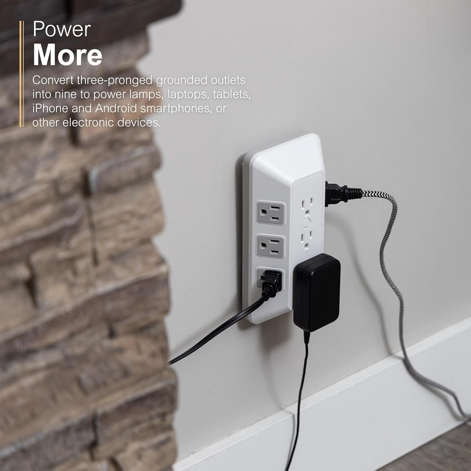 GE 9 Outlet Surge Protector Wall Tap White Gray