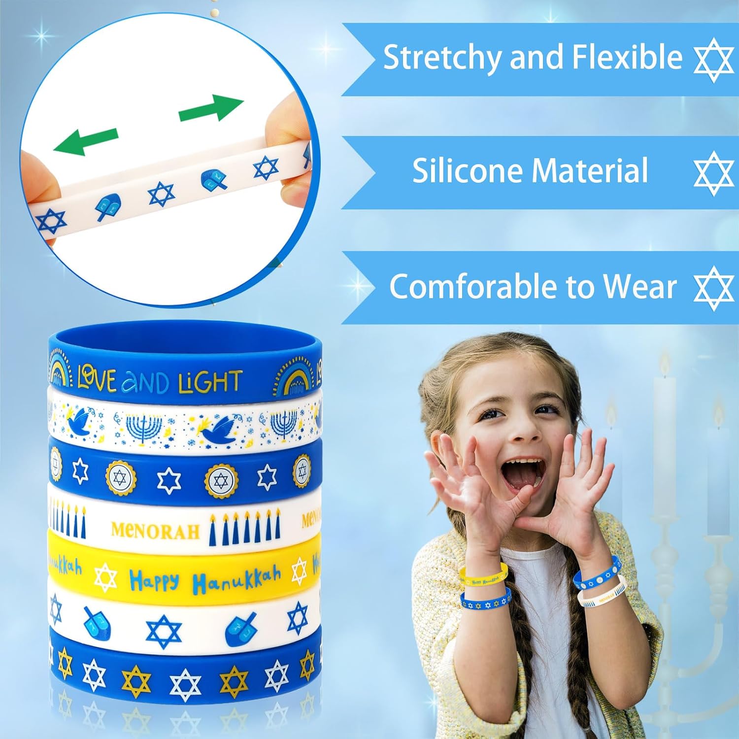 JUNEBRUSHS Hanukkah Silicone Wristbands 42Pcs Set