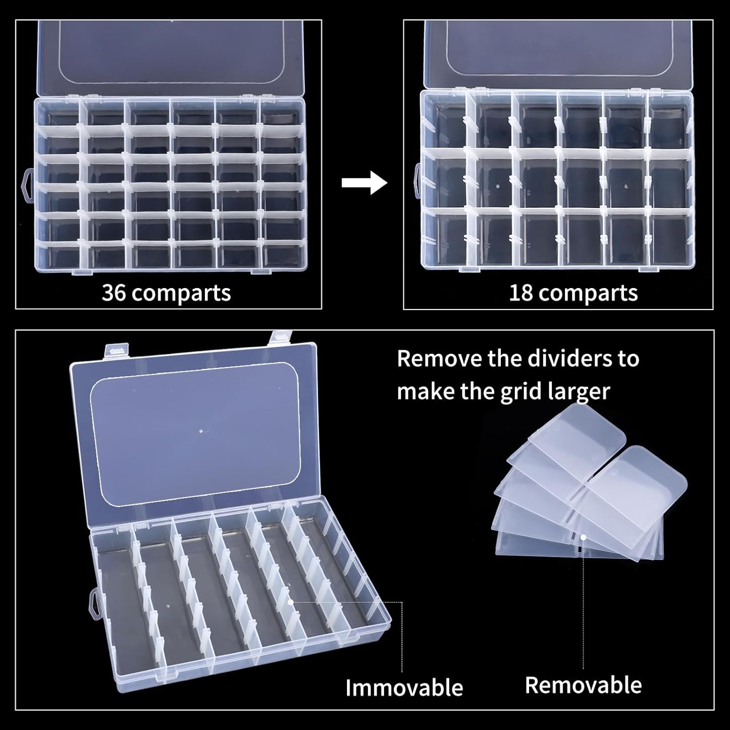 OUTUXED 2 Pack Clear Plastic Bead Organizer Box with Adjustable Dividers