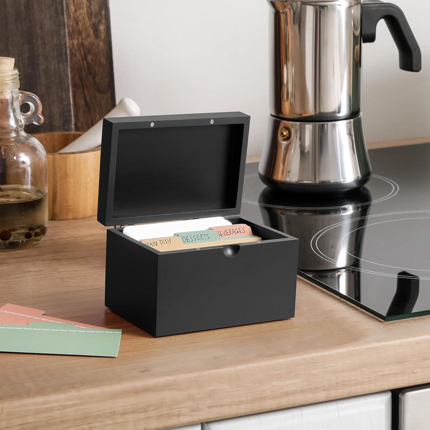 DRASTAR Index Card Holder 3x5 Wooden Box Black