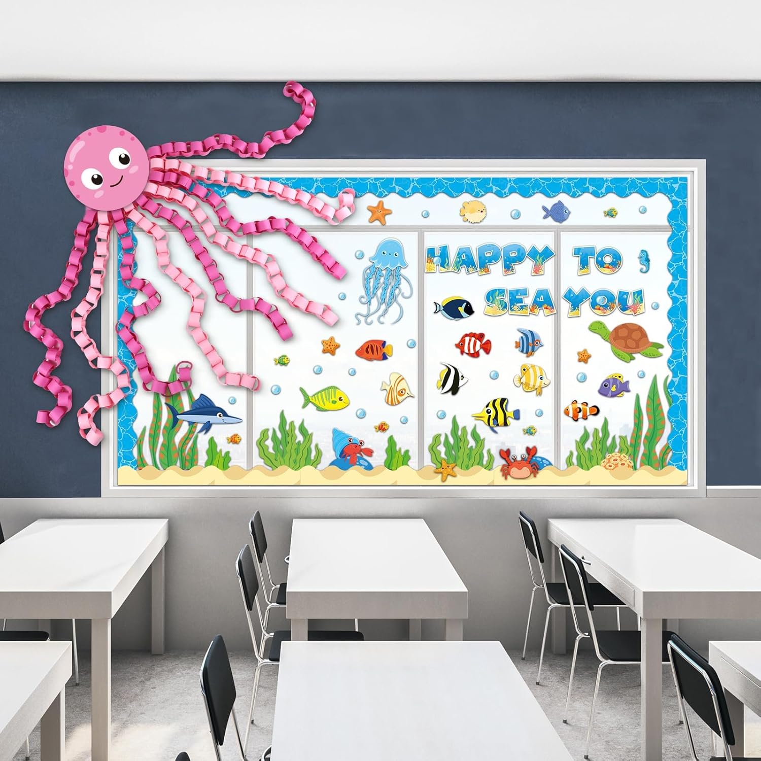 Justforjoyful 93 Pcs Ocean Animal Bulletin Board Decor Set