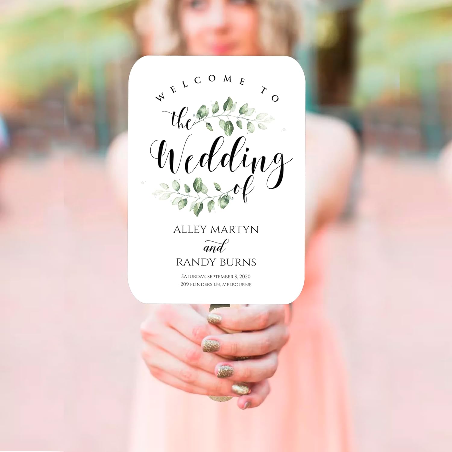 50 Pcs Personalized Wedding Paper Fans With Wooden Handles