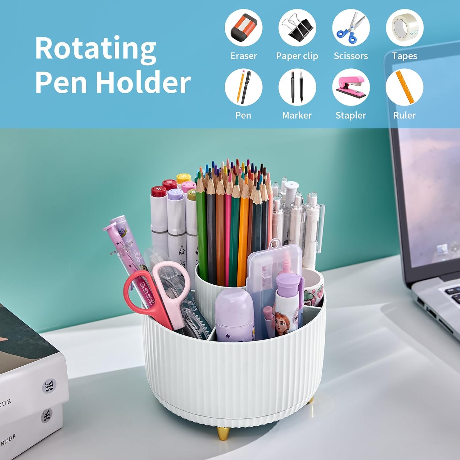 Marbrasse 360 Degree Rotating Pen Holder with 5 Compartments Desk Organizer