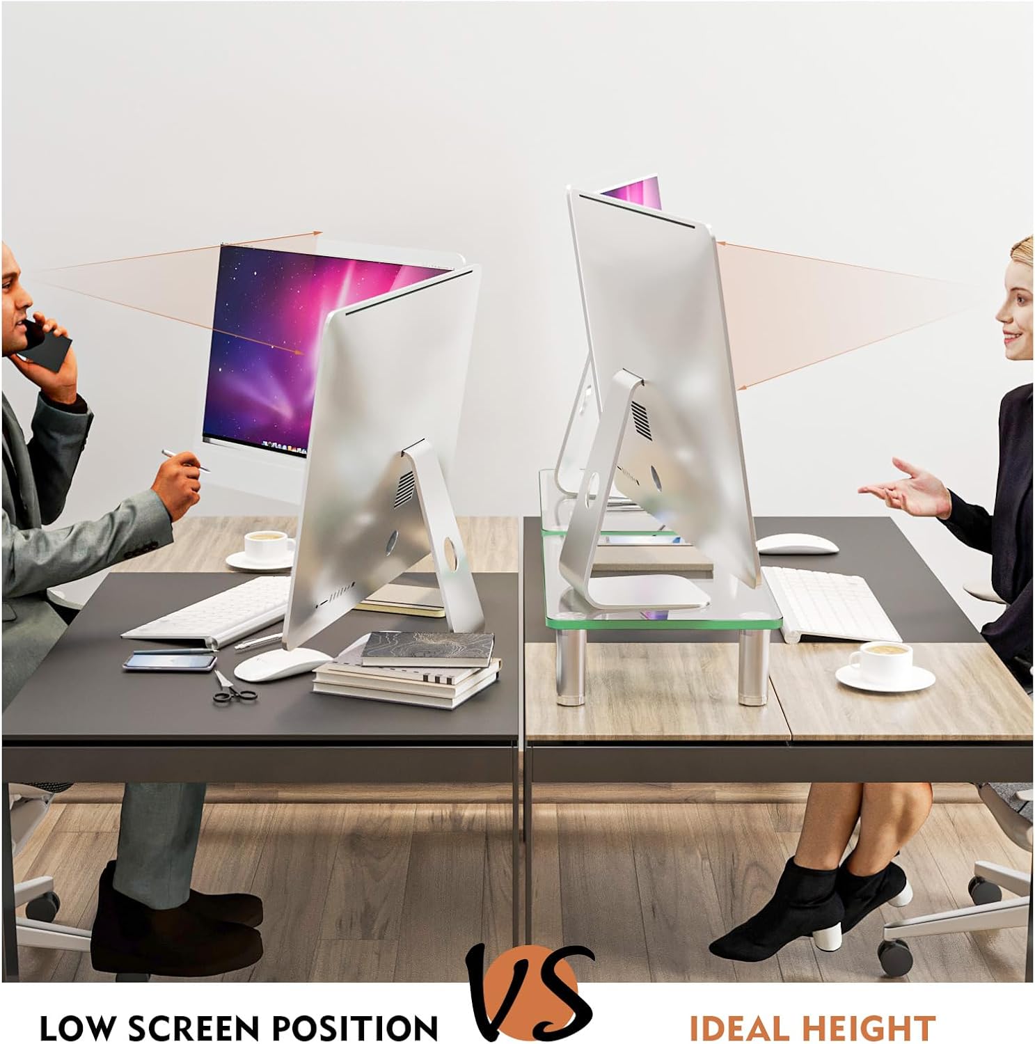 2 Pack Adjustable Monitor Riser with Tilt and Space-Saving Design