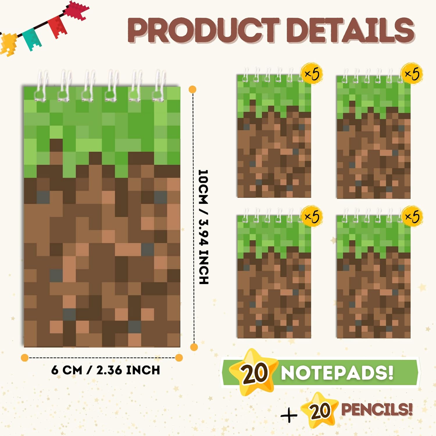 40 PCS Pixel Party Favors Pencils Notepads for Themed Events