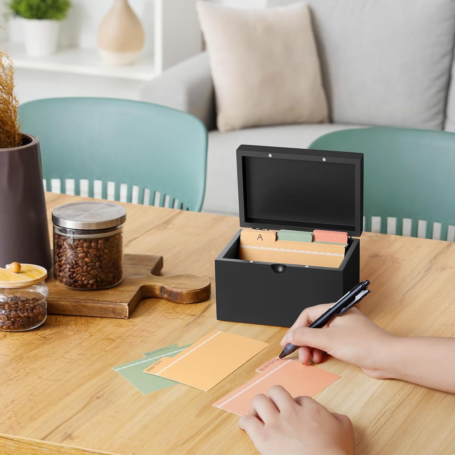 DRASTAR Index Card Holder 3x5 Wooden Box Black