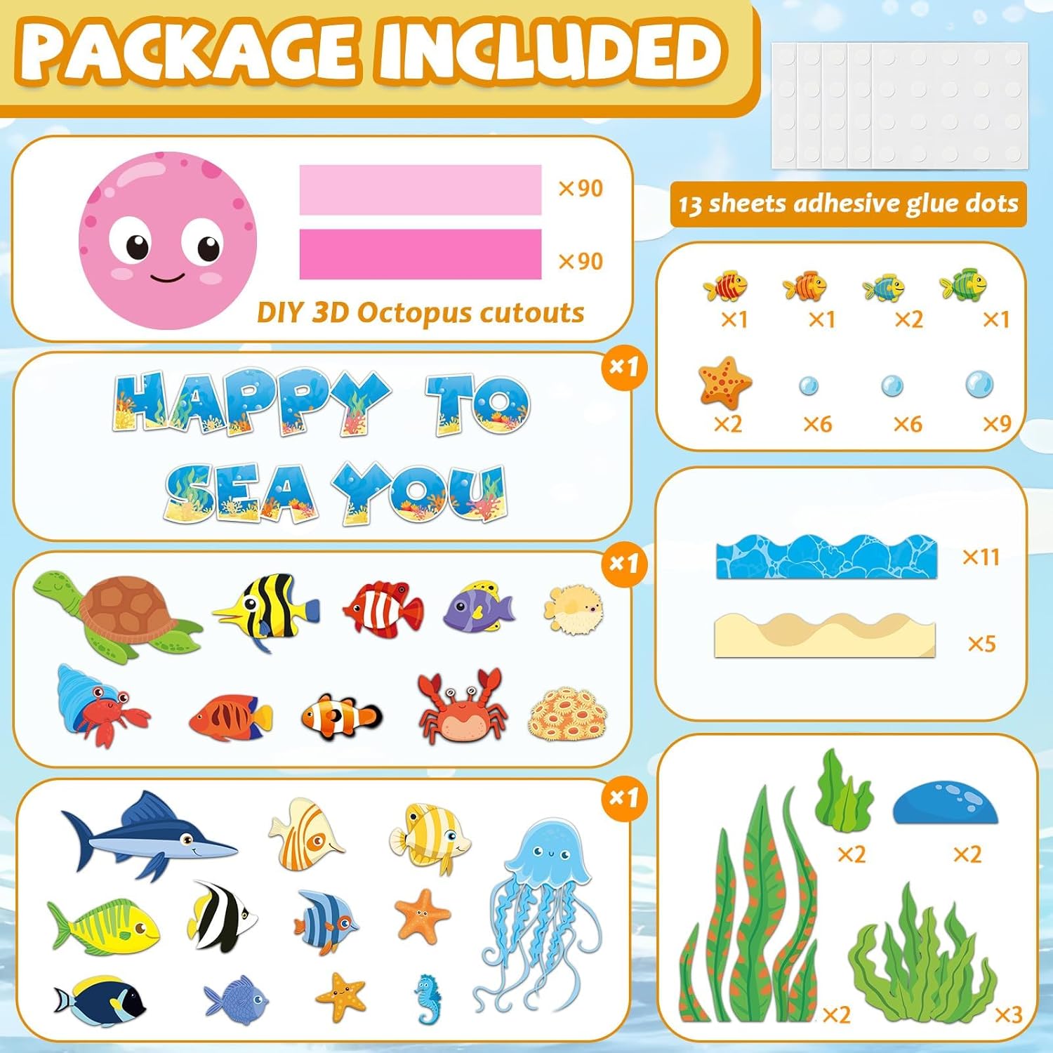 Justforjoyful 93 Pcs Ocean Animal Bulletin Board Decor Set