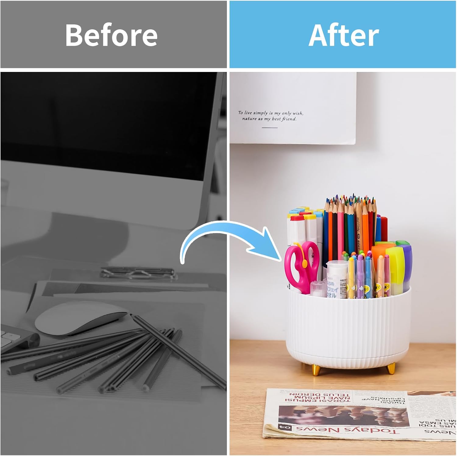 Marbrasse 360 Degree Rotating Pen Holder with 5 Compartments Desk Organizer