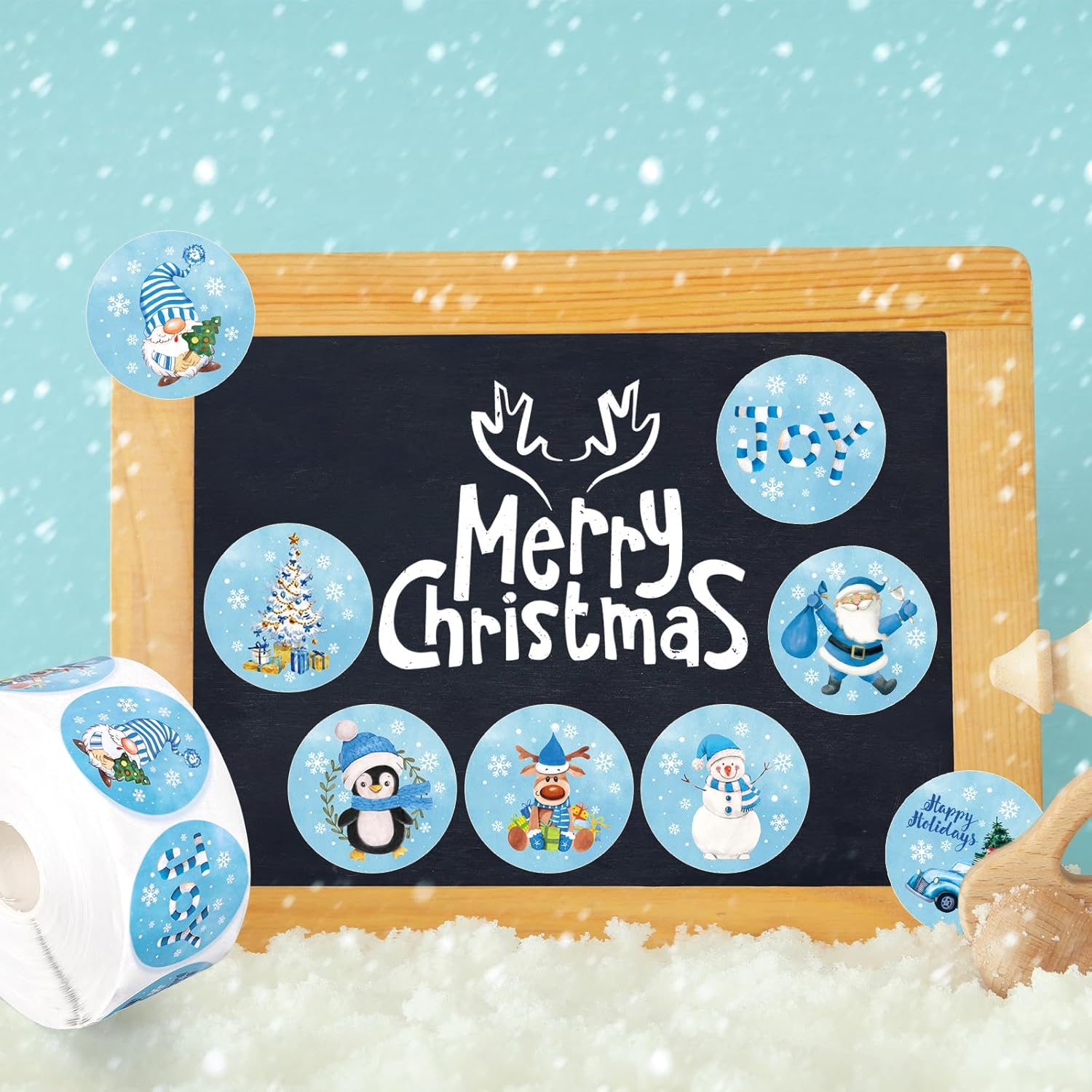 Whaline 1000Pcs Christmas Blue Sticker Roll 12 Designs