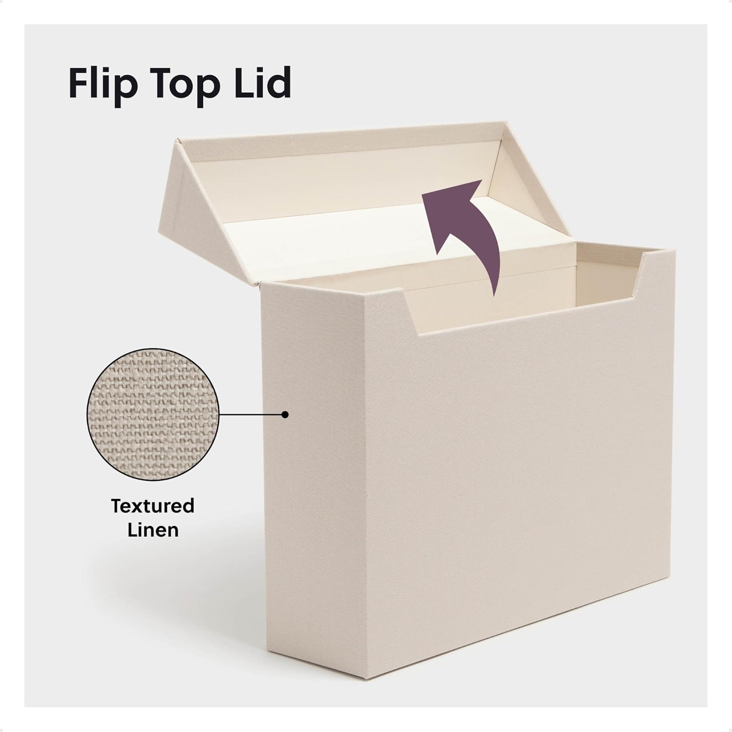 SMEAD Flip Top File Box 10x37x13 Beige Linen Gold Nameplate