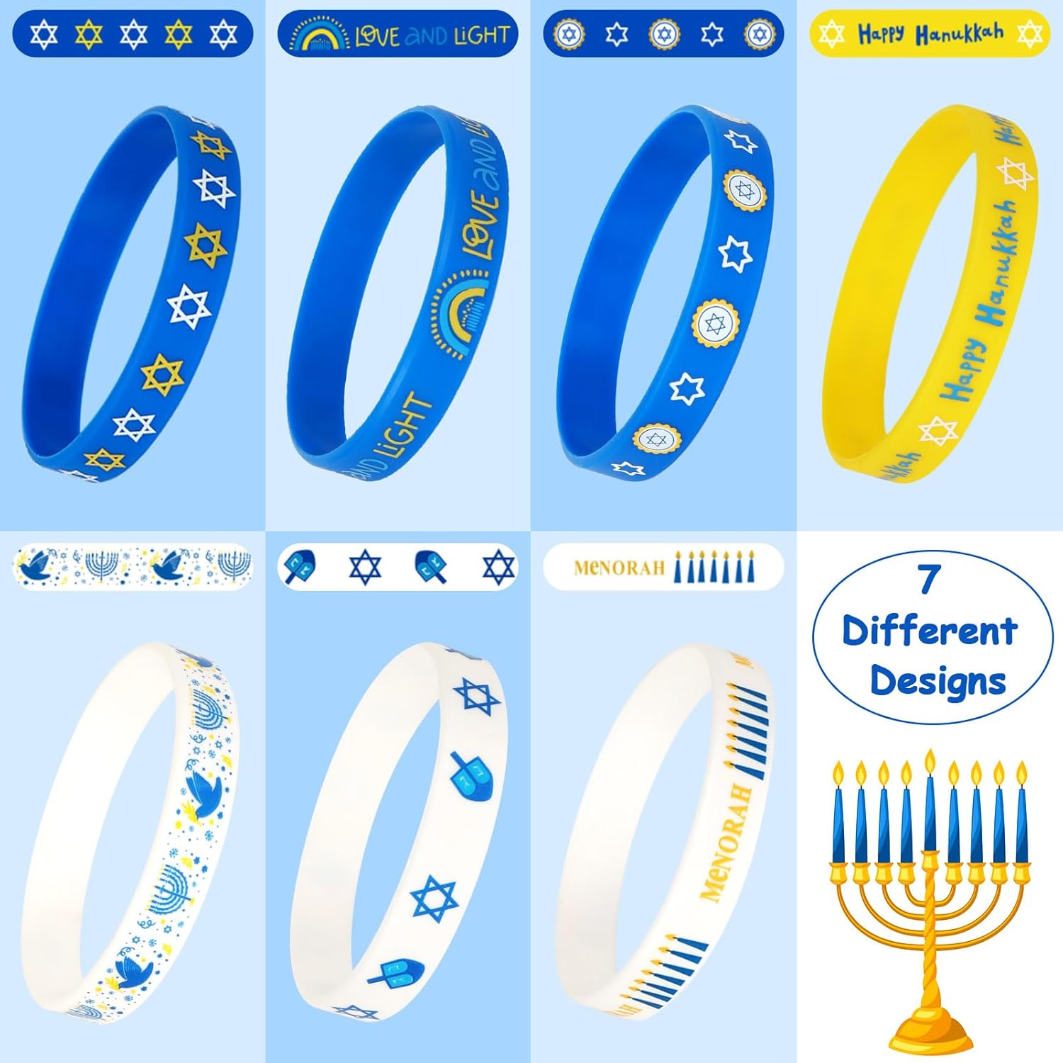 JUNEBRUSHS Hanukkah Silicone Wristbands 42Pcs Set