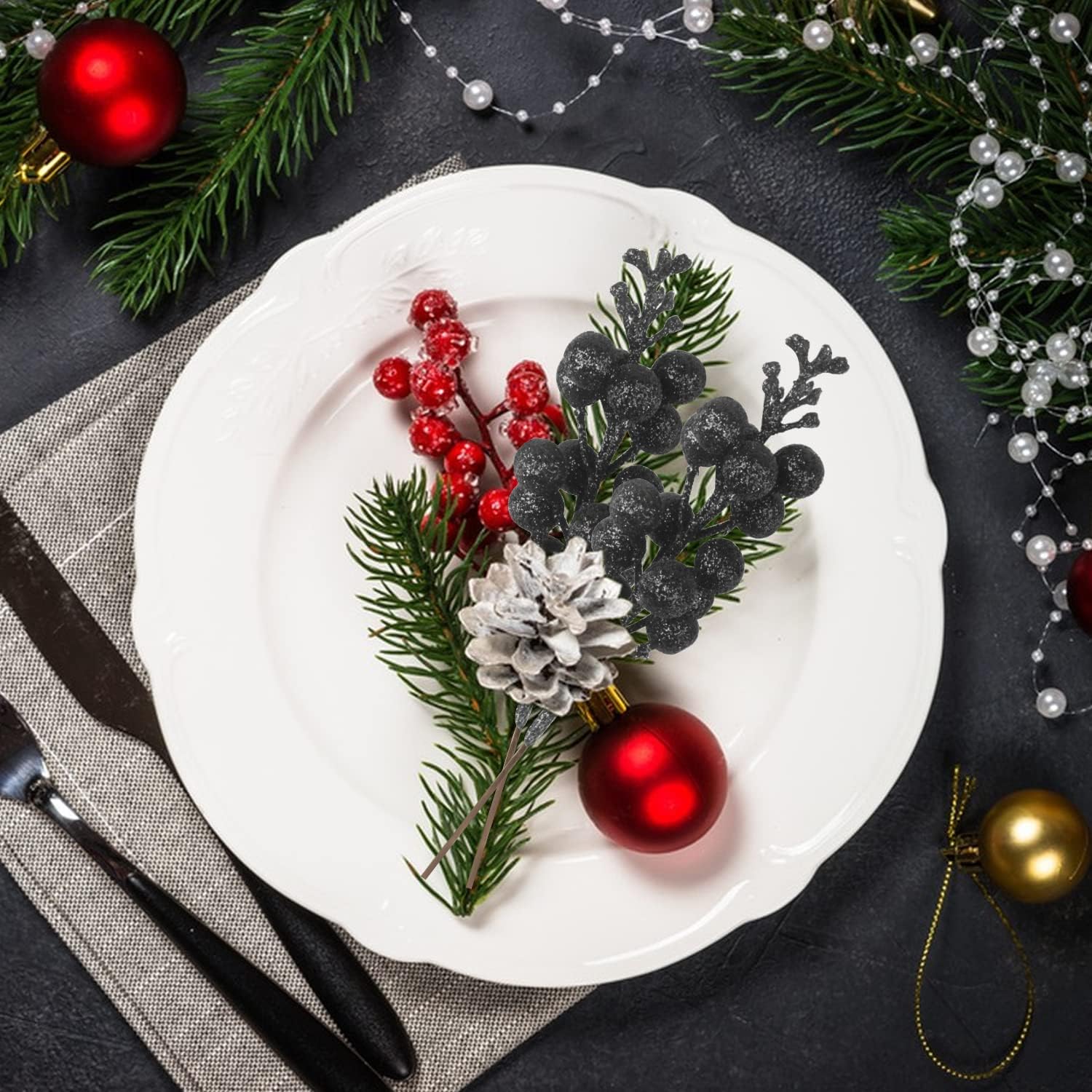 24 Pack Glitter Black Berry Stems for Christmas Decor