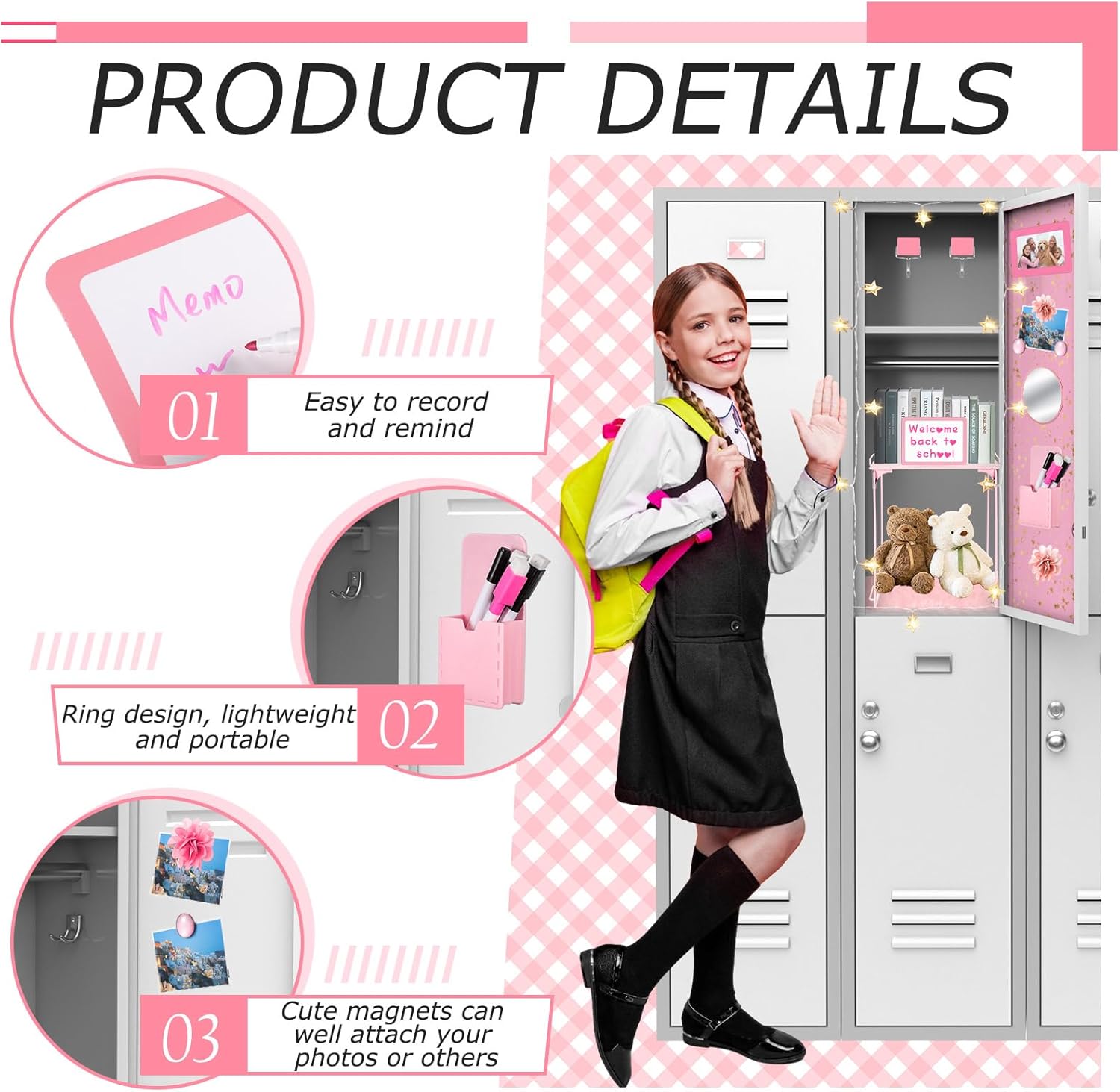 Pink Locker Accessories Set with Magnetic Mirror and Whiteboard