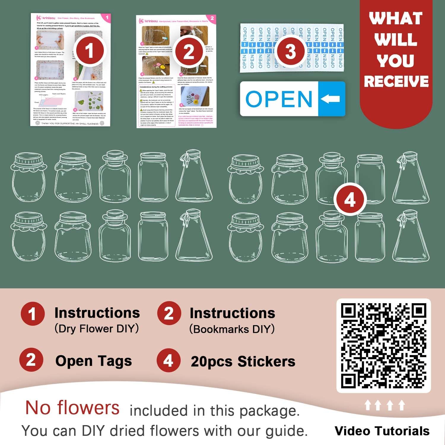 Krinisou Dried Flower Bookmark Kit 20pcs DIY Transparent Bookmarks