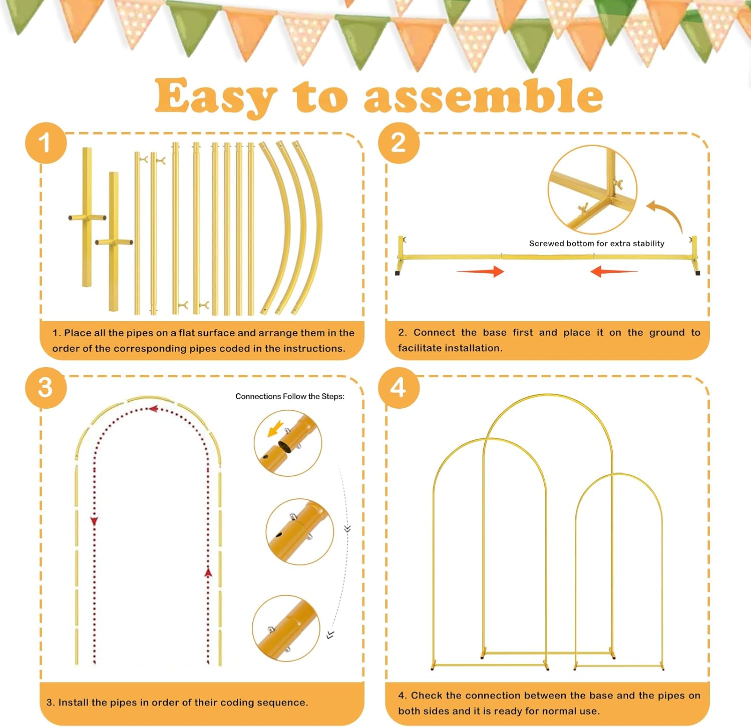 DDMY 3-Piece Gold Metal Balloon Arch Stand Set