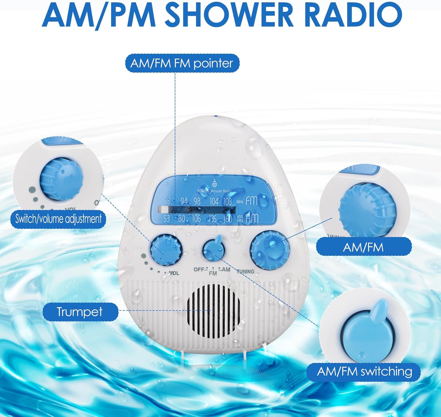 Zopsc AM FM Shower Radio with Rotating Knob
