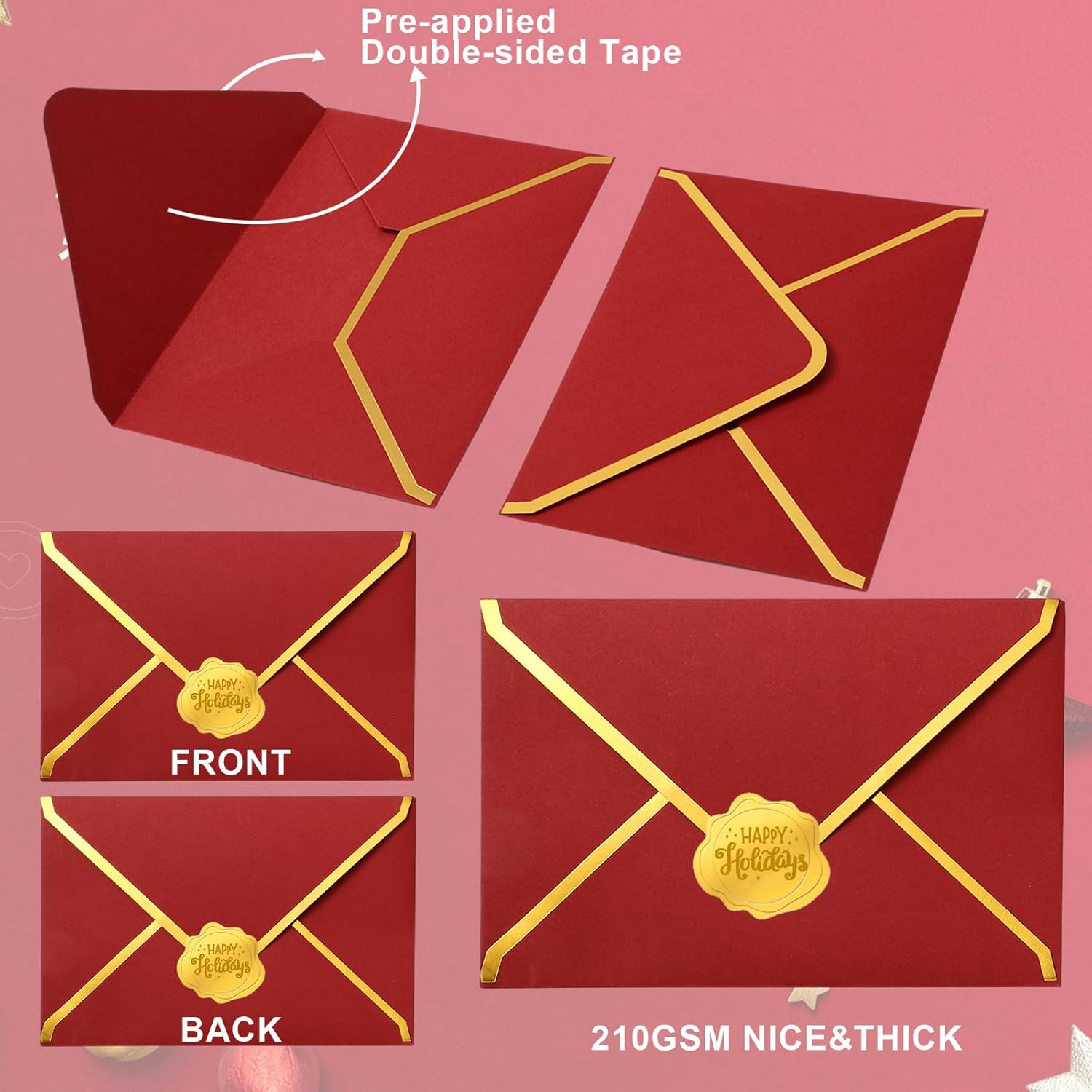 Whaline 50Pcs Gold Foil Christmas Envelopes with Stickers