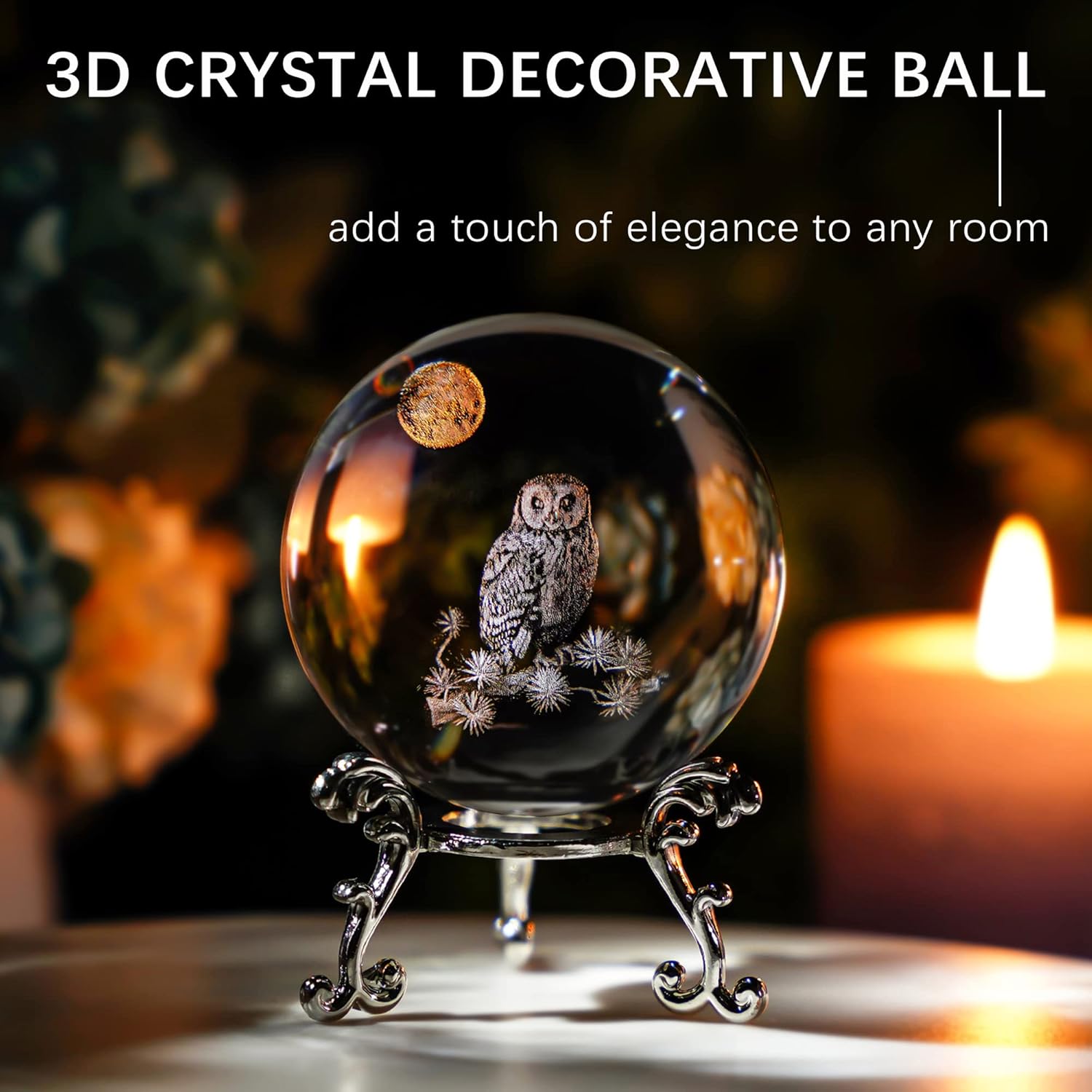 HDCRYSTALGIFTS 60mm 3D Laser Owl Crystal Ball Paperweight with Stand