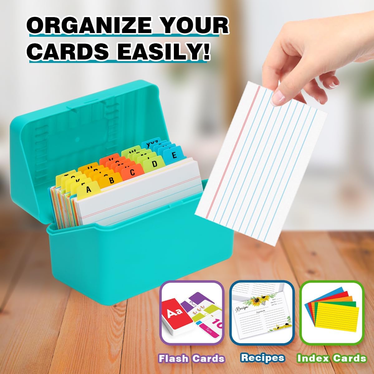 H4D 3x5 Index Card Holder with 100 Cards and 25 Dividers Teal