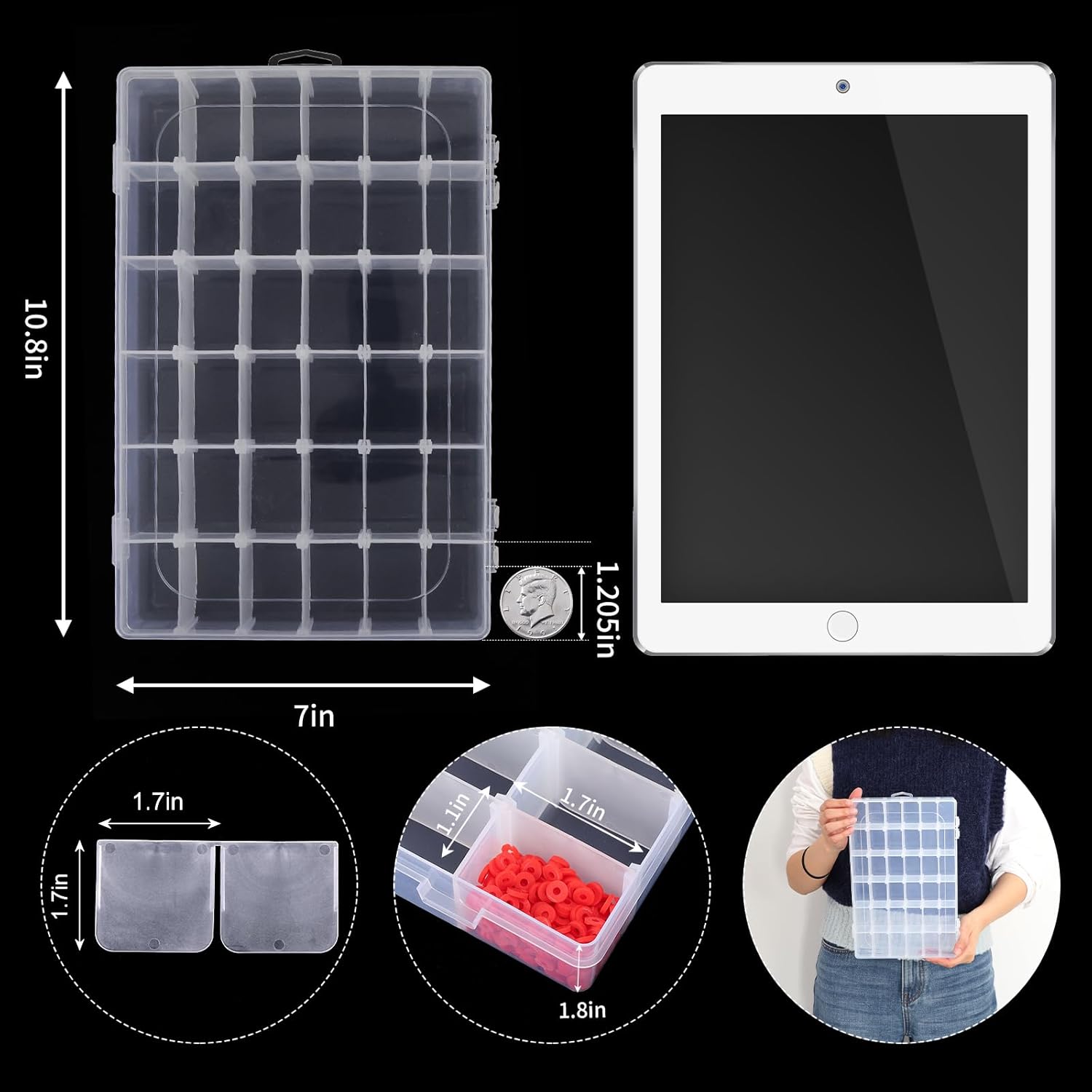 OUTUXED 2 Pack Clear Plastic Bead Organizer Box with Adjustable Dividers