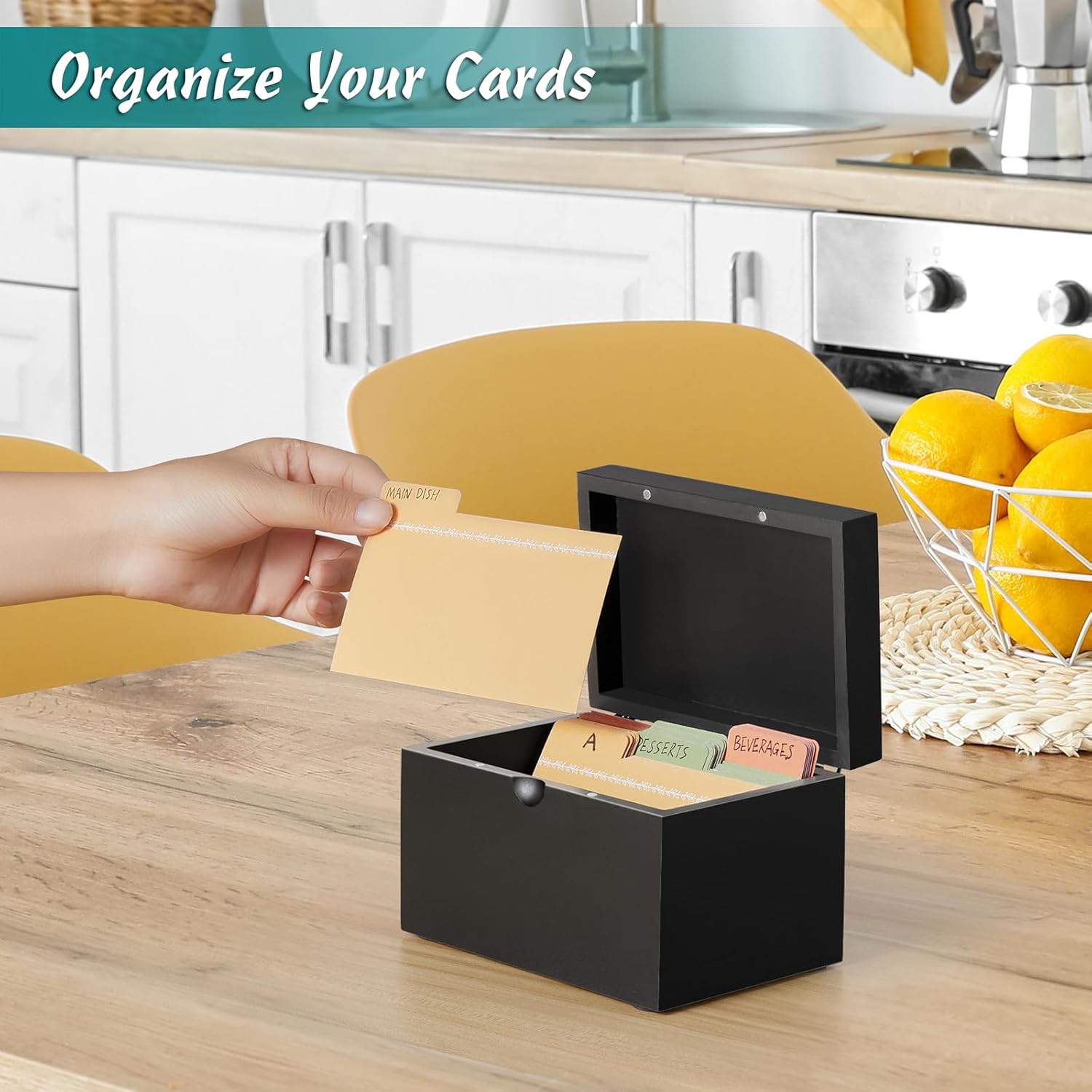 DRASTAR Index Card Holder 3x5 Wooden Box Black
