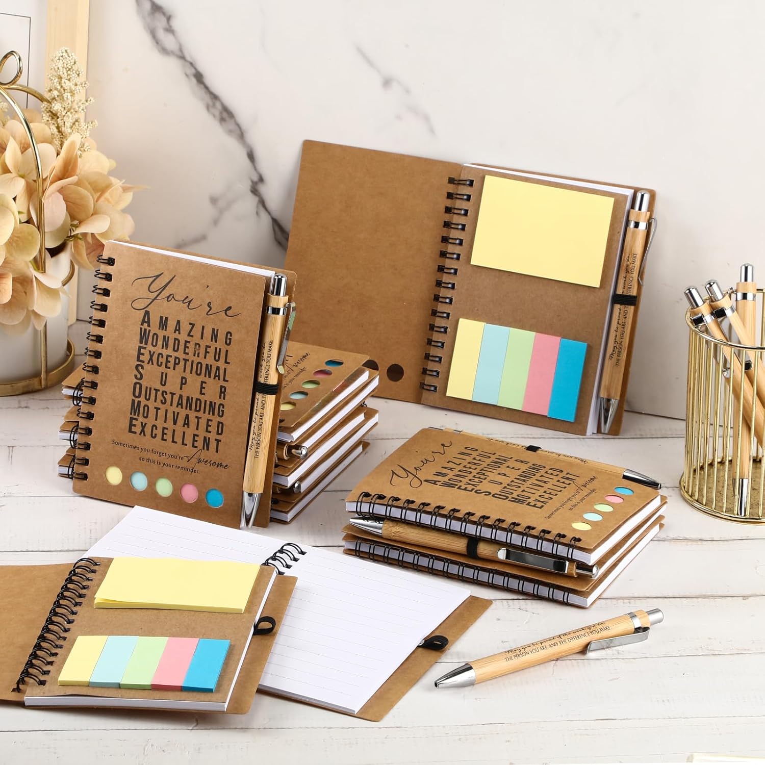 Jetec 50pcs Spiral Notebook With Bamboo Pen Gift Set