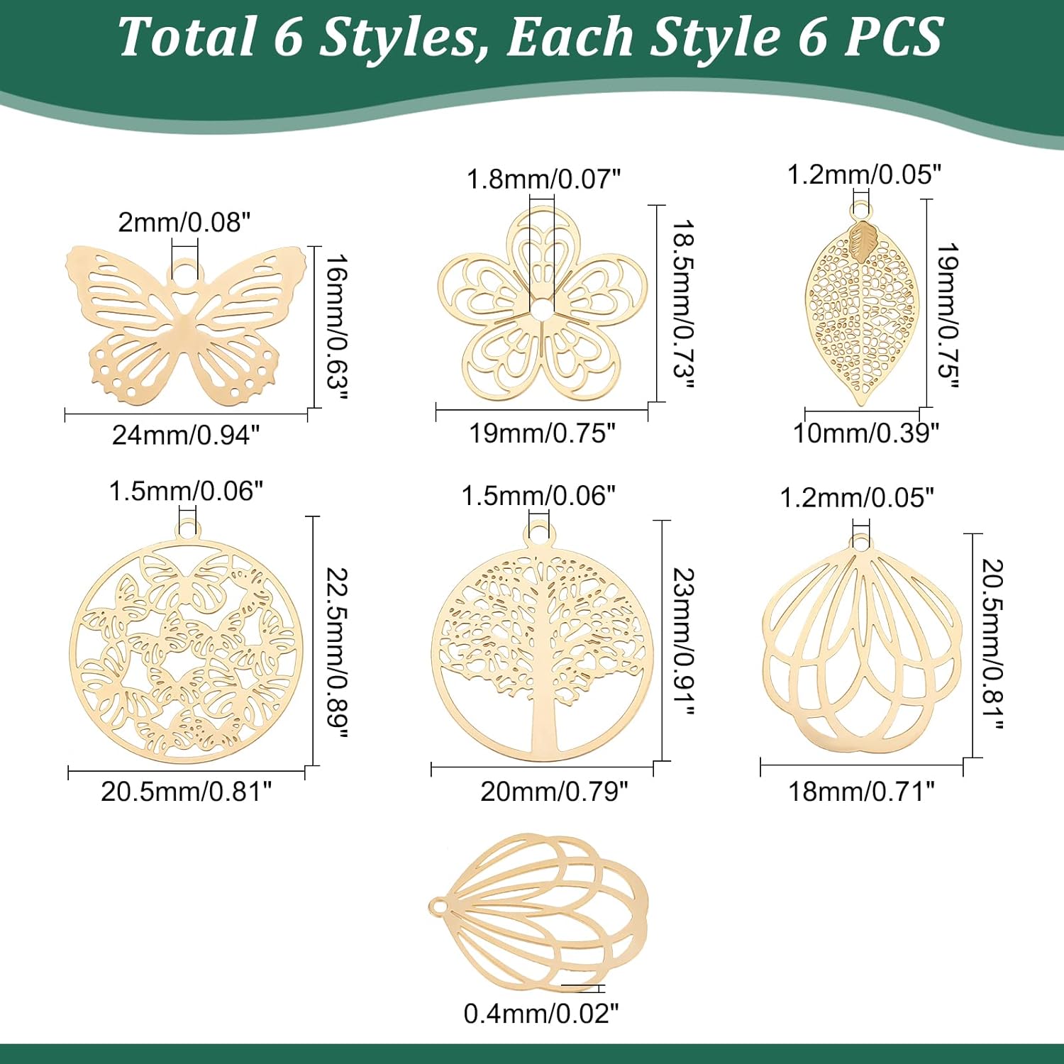 UNICRAFTALE 36Pcs Gold Botanical Pendant Set for Jewelry Making